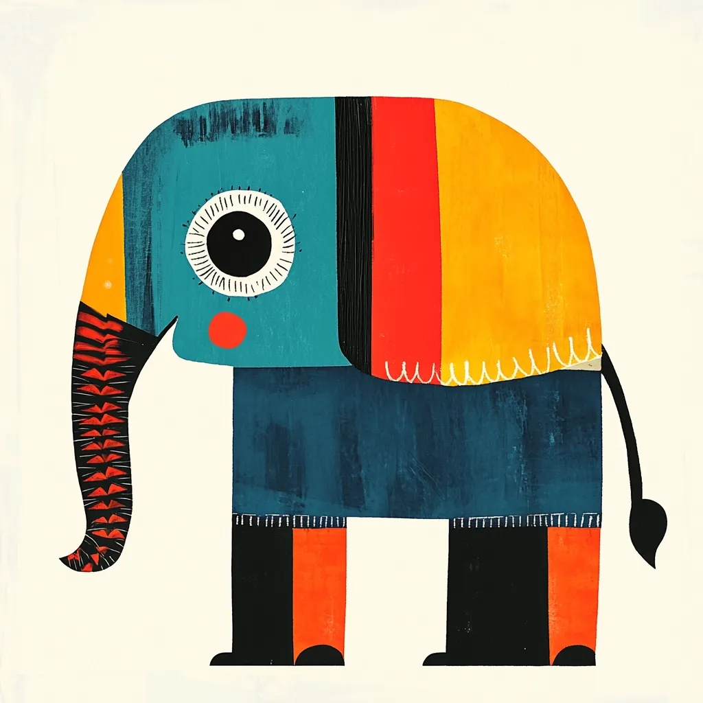 A stylized illustration of an elephant is depicted in a vibrant color palette.  The elephant's body is segmented with bold blocks of teal, red, orange, and black, giving it a geometric, almost folk-art feel.  Large, expressive eyes and a simplified trunk contribute to its playful character. The overall style is modern and whimsical.