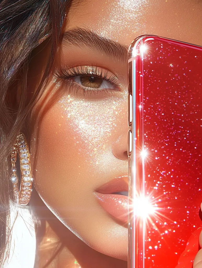 Close-up of a woman's face, partially obscured by a sparkling red phone case.  Her makeup features a glistening highlight and full lips. She wears large, diamond hoop earrings. The image evokes a glamorous and luxurious aesthetic, with a focus on shimmering textures and radiant skin.