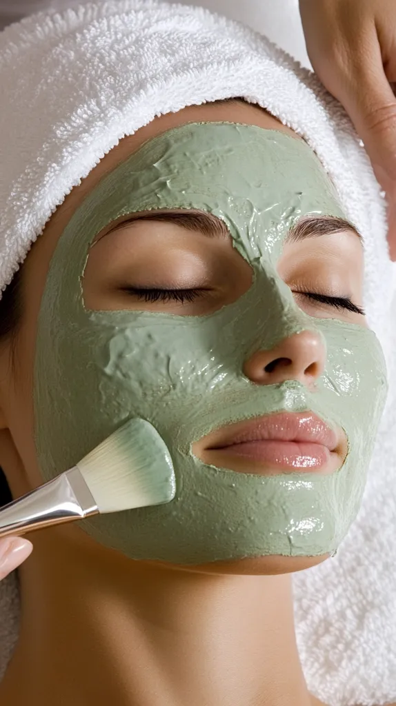 A woman relaxes with eyes closed during a facial treatment. A thick layer of a pale green facial mask covers her face.  A beautician uses a brush to apply more mask to her cheek. The woman wears a white towel wrapped around her head.  The image evokes a sense of calm and pampering.