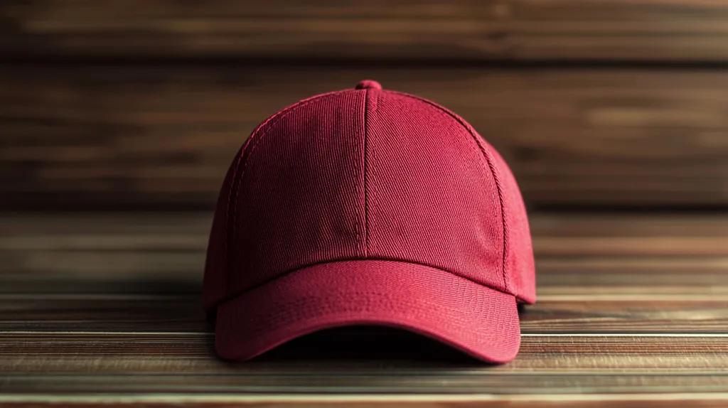 A solid crimson baseball cap sits on a dark brown wooden surface. The cap is positioned centrally in the frame, with its brim facing the viewer.  The wood grain is visible in the background, providing a contrasting texture to the smooth fabric of the hat. The image is simple and clean, focusing on the hat as the main subject.