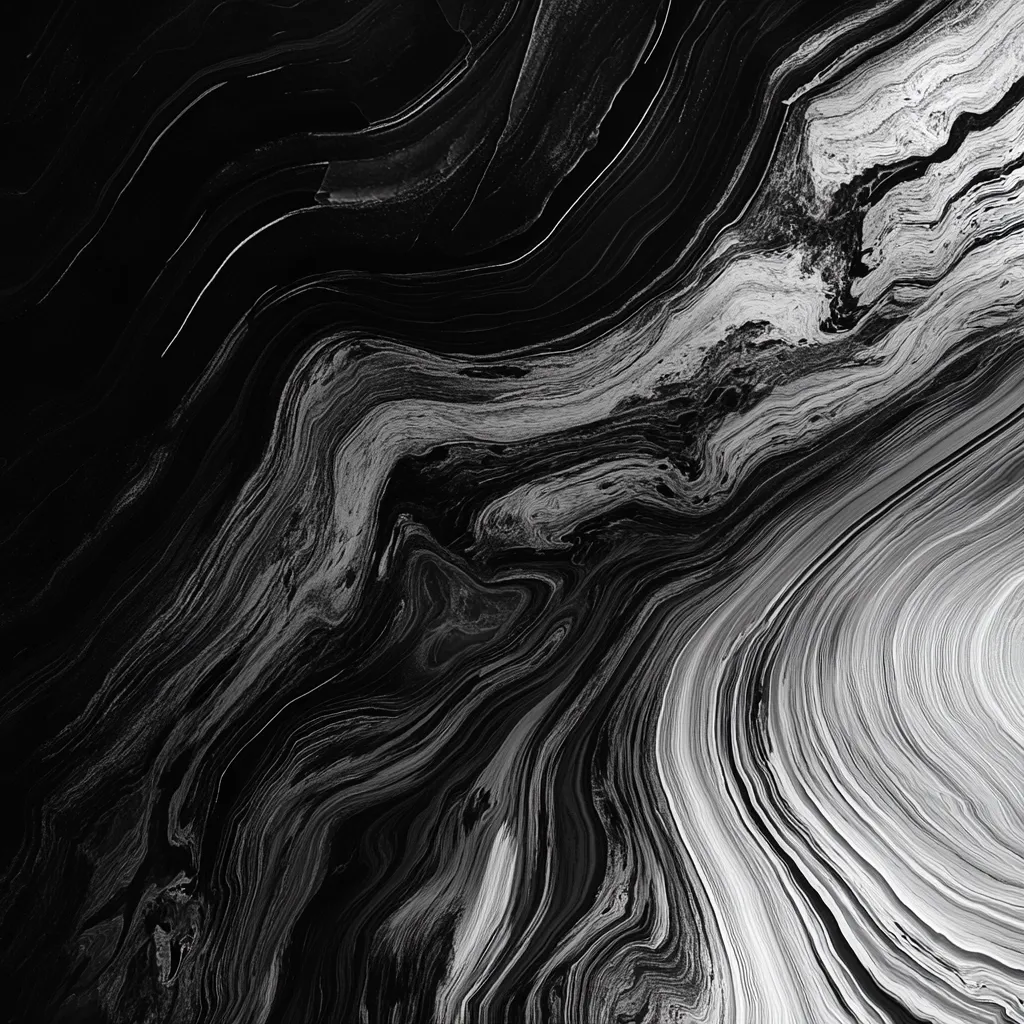 The image showcases a mesmerizing abstract artwork in grayscale.  Swirling, fluid lines of black and white create a dynamic, marble-like effect.  The shades vary subtly, with lighter tones contrasting against deep blacks, producing a sense of depth and movement. The pattern is organic and evokes a feeling of flowing liquid or swirling smoke.