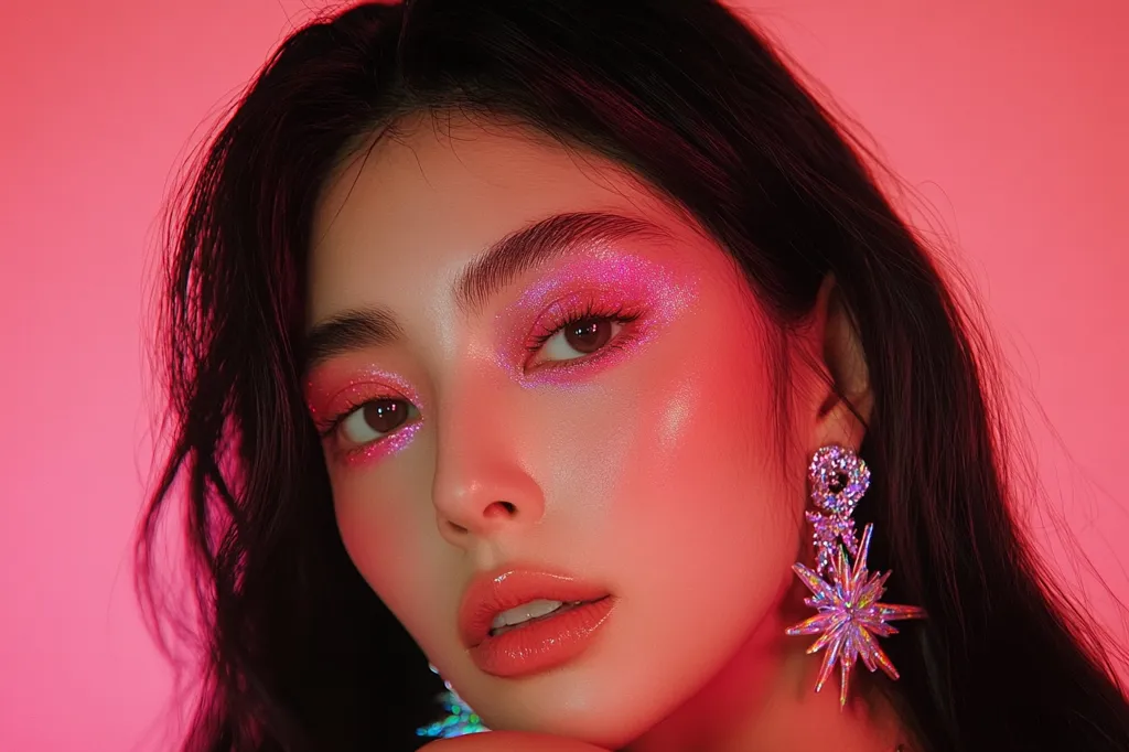Close-up of a young woman with long dark hair.  She's wearing bright pink eyeshadow with glitter, and matching pink lipstick. Her makeup is highlighted by a vibrant pink background light. She wears large, iridescent starburst earrings. The overall aesthetic is glamorous and trendy.