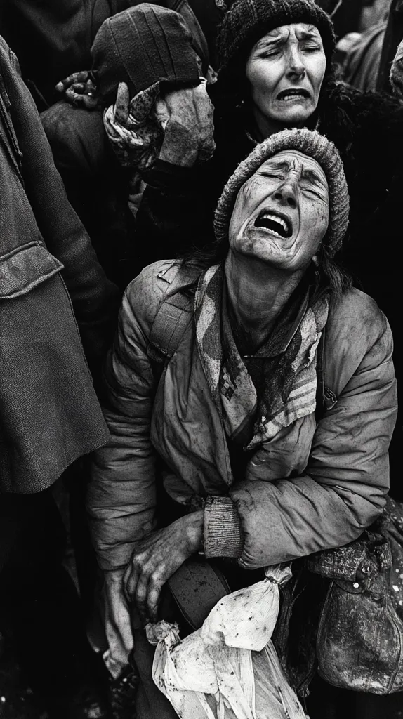 A poignant black and white photograph captures a moment of profound grief. A woman, her face etched with sorrow, cries openly, her body hunched over. Surrounding her, other individuals, their faces partially obscured, appear equally distressed. The scene suggests a shared experience of loss or hardship, their worn clothing and solemn expressions intensifying the image's emotional impact.  The overall mood is somber and deeply affecting.