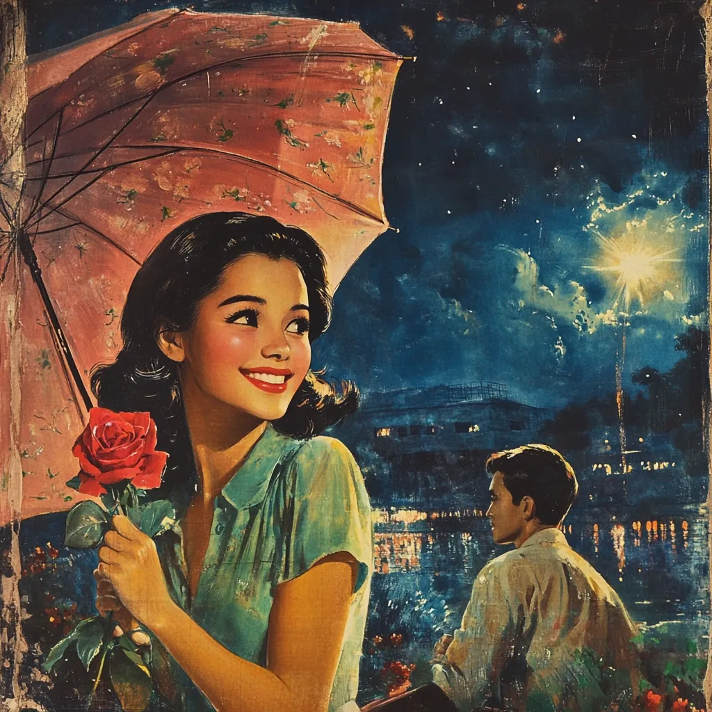 A romantic vintage painting depicts a young woman holding a red rose under a pink parasol.  She gazes wistfully towards a man sitting in the background, against a night scene of twinkling lights and fireworks over water.  The woman's expression is joyful, suggesting a tender moment of courtship. The style evokes a nostalgic, mid-century feel.