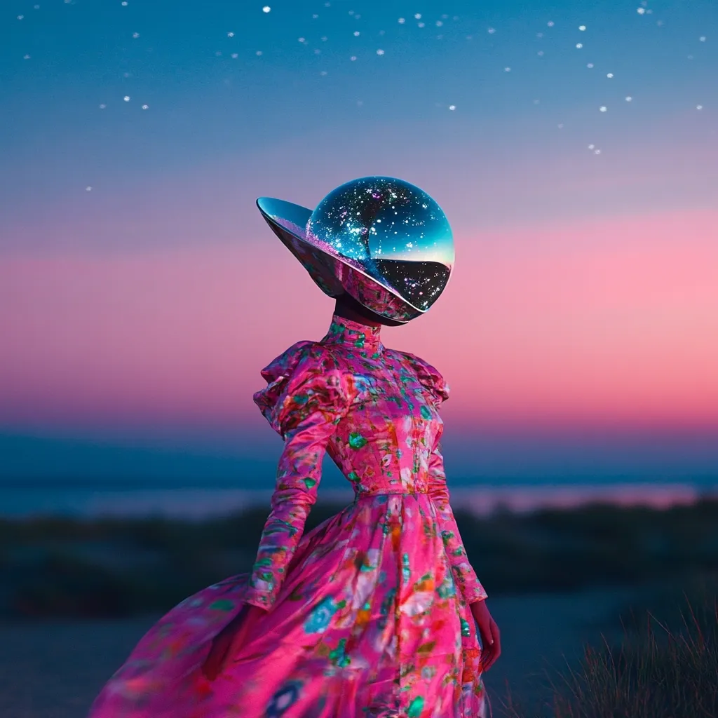 A figure in a vibrant pink floral dress stands on a beach at twilight.  The model wears a futuristic, helmet-like headpiece that reflects a starry night sky. The scene is surreal and blends elements of fashion, fantasy, and science fiction, creating a dreamlike atmosphere under a breathtaking sky.