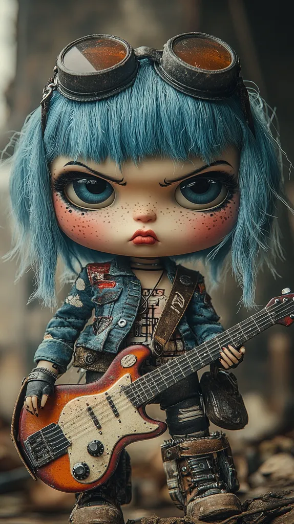 A meticulously crafted doll, sporting teal hair and goggles, grips an electric guitar.  Her attire includes a distressed denim jacket and rugged boots, enhancing a post-apocalyptic or steampunk aesthetic.  The doll's expression is fierce, and her freckled face adds to her unique character. The overall image suggests a rebellious, strong female persona.