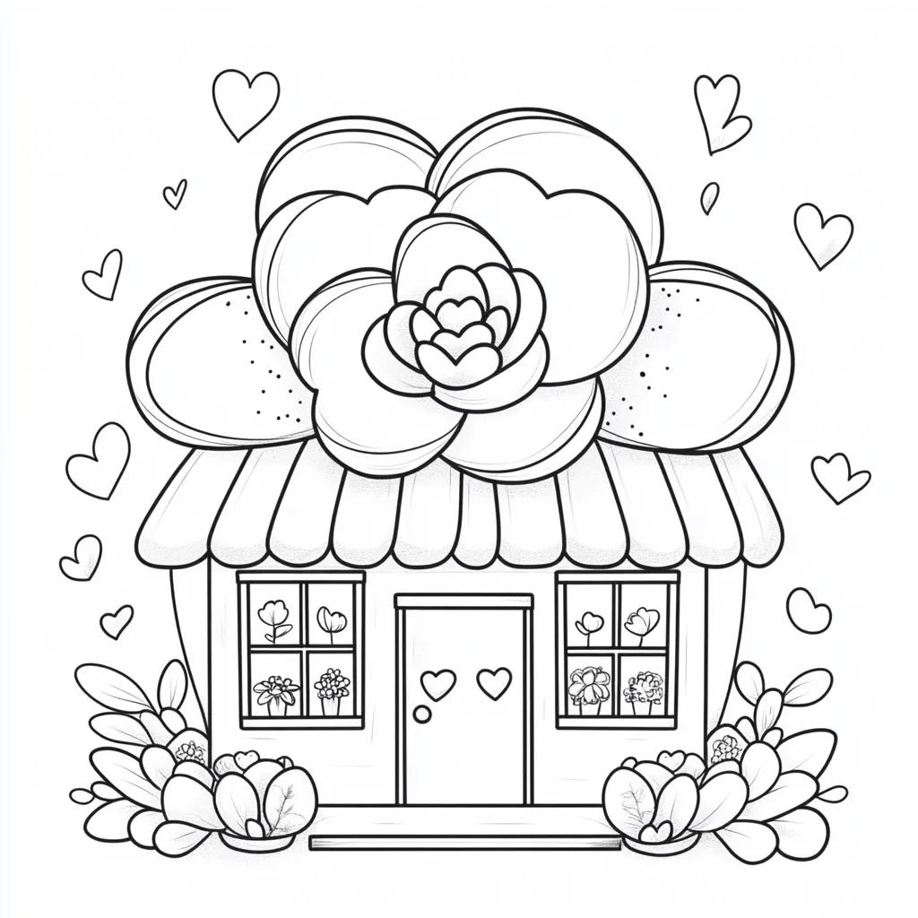 A charming black and white line drawing depicts a flower shop.  A large, stylized flower forms the roof, with a striped awning above two windows displaying potted plants.  Small hearts and floral accents surround the building, creating a sweet and whimsical design perfect for coloring. The shop features a simple door and potted plants at its base, adding to its inviting atmosphere.