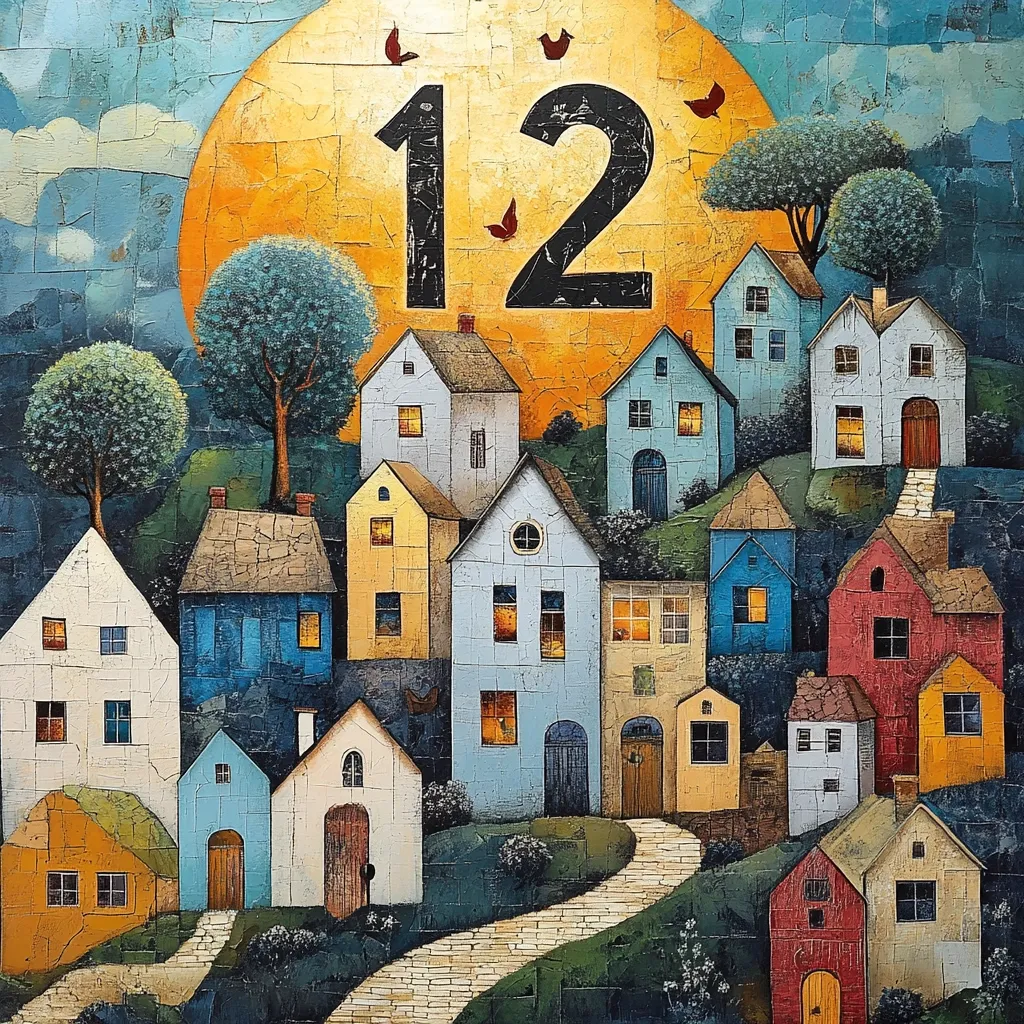 A whimsical painting depicts a cluster of quaint houses nestled on a hillside, bathed in the warm glow of a large, setting sun.  The number "12" is prominently displayed on the sun, adding a touch of mystery.  Small birds fly around the sun, enhancing the dreamy atmosphere.  The houses are painted in a variety of soft, pastel colors, giving a sense of charming village life.  A winding path leads through the houses toward the viewer.