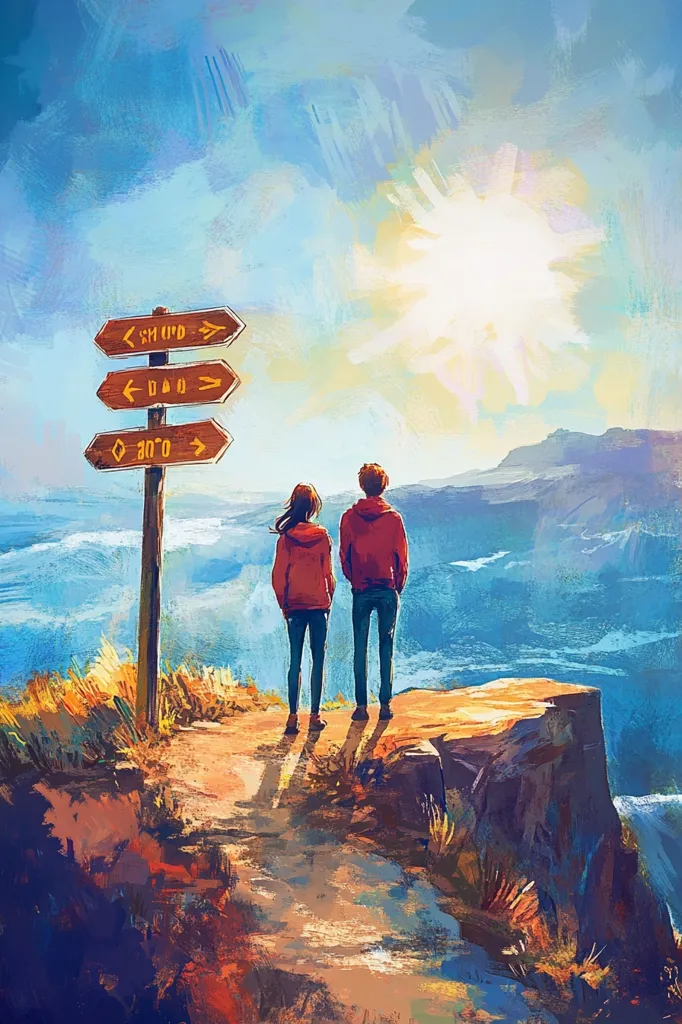 A painting depicts a couple standing on a cliff overlooking a vast ocean under a bright sun.  A weathered wooden signpost with three directional signs points towards different locations. The style is painterly and expressive, with visible brushstrokes, capturing a serene yet adventurous mood. The couple, dressed in warm jackets, appears contemplative, gazing out at the scenic view. The overall scene suggests a journey and a choice of paths ahead.
