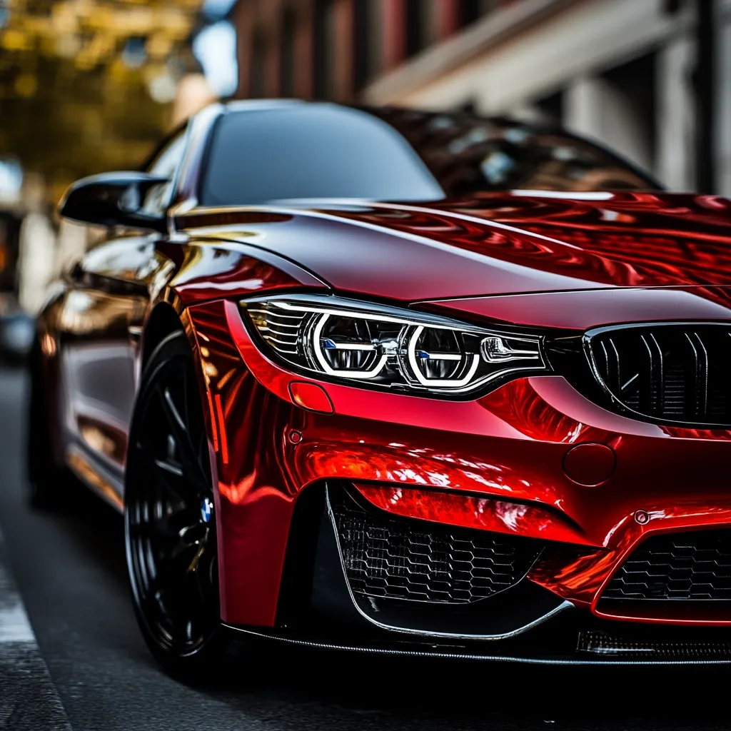 A vibrant red sports car, possibly a BMW M3 or M4, is parked on a city street.  The image focuses on the front of the vehicle, showcasing its sleek design, sharp headlights, and glossy paint.  The car's powerful stance and stylish details are highlighted against a blurred urban backdrop. The black rims complement the red body, creating a striking contrast.