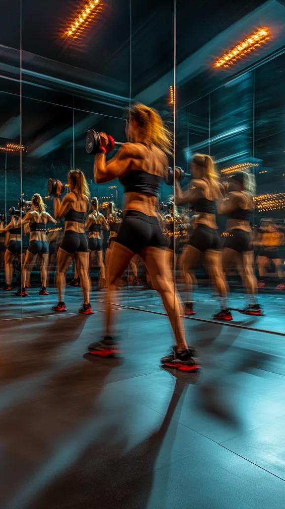 A woman performs a bicep curl with dumbbells in a mirrored gym.  Multiple reflections create a dynamic, energetic image showcasing her workout and the intensity of her exercise.  The dark, sleek gym setting and motion blur emphasize the fitness activity.  Other women are also visible, engaged in similar exercises, creating a sense of a group fitness class.