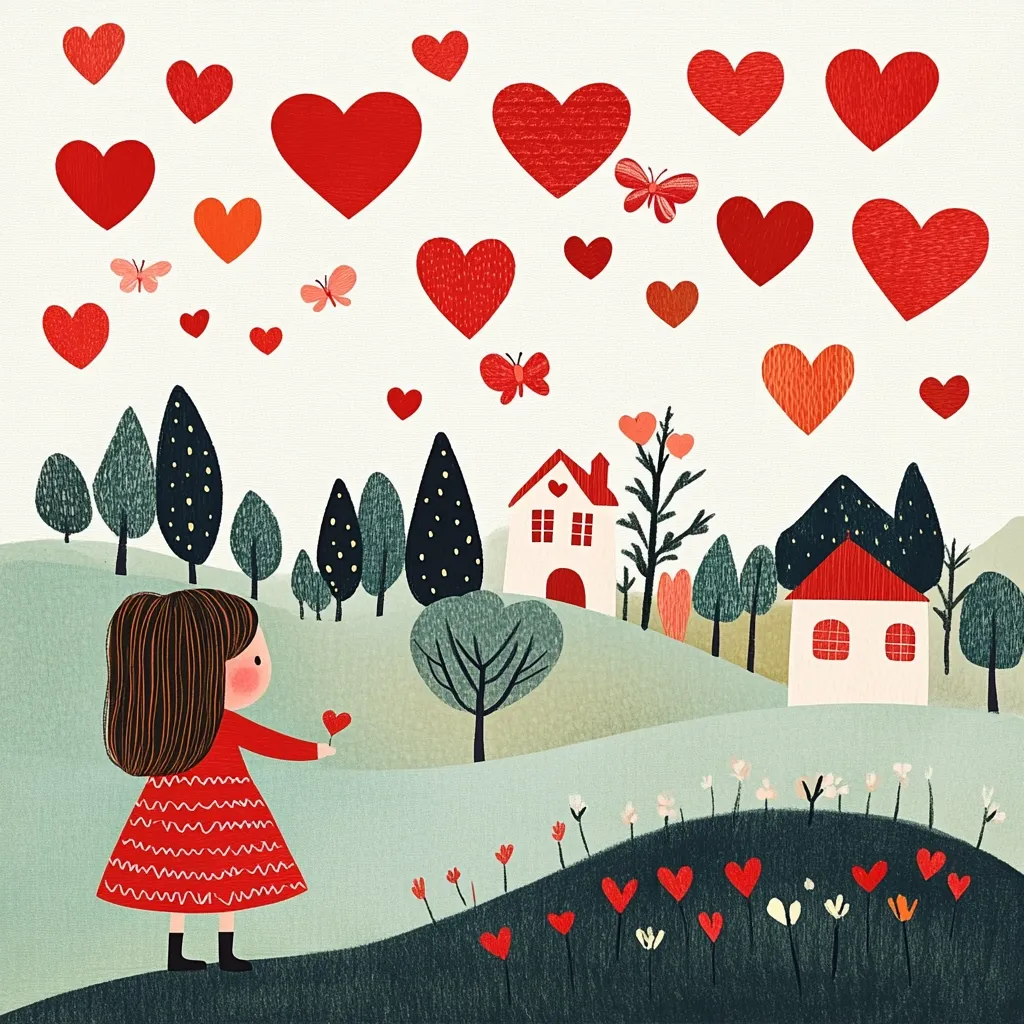 A charming illustration depicts a little girl in a red dress offering a small heart in a whimsical landscape.  Numerous red hearts float in the sky above a gently rolling hillside dotted with small houses and trees.  Butterflies flutter amongst the hearts, creating a sweet and romantic atmosphere.  The scene is filled with a sense of childlike wonder and joy.