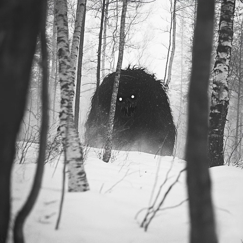 A monstrous, dark, furry creature lurks in a snow-covered forest.  Its glowing eyes and sharp teeth are visible through the trees. The scene is monochrome, enhancing the ominous atmosphere.  The monster appears large and menacing, partially obscured by snow and the birch trees.  A sense of unease and dread pervades the image.