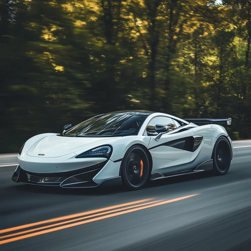 A sleek, white McLaren 570S GT4 sprints along a tree-lined road.  The blur of the background emphasizes the car's speed and the vibrant green foliage contrasts sharply with the vehicle's clean lines. The low-angle shot highlights the car's aerodynamic design and powerful stance.  The image evokes a sense of freedom and exhilarating driving experience.