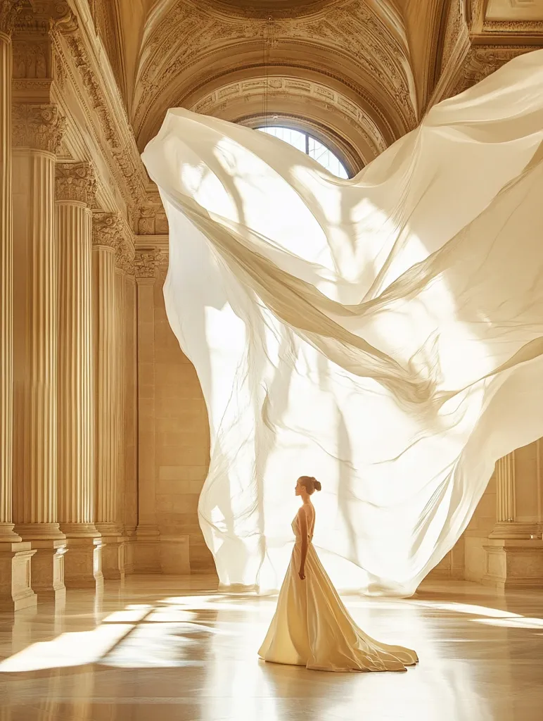 A woman in a flowing ivory gown stands in a grand, sunlit hall with classical columns.  A large, sheer fabric sweeps dramatically across the space, catching the light and creating a ethereal atmosphere. The scene is elegant and serene, showcasing the interplay of architecture, fabric, and light.  The overall effect is one of timeless beauty and grace.