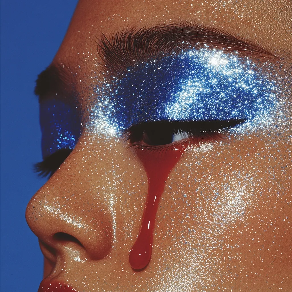 A close-up shot reveals a person's face adorned with glittery makeup.  Bold blue glitter eyeshadow is applied dramatically, contrasting with a single, crimson tear tracing a path down their cheek. The skin is generously covered in silver glitter, creating a striking and slightly surreal effect against the vibrant blue background. The overall aesthetic is bold, artistic, and slightly melancholic.
