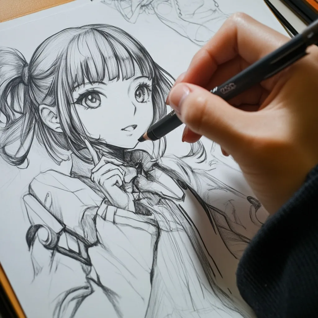 A close-up shot shows a hand meticulously sketching an anime-style girl with pigtails.  The artist uses a mechanical pencil, adding fine details to the character's hair, clothing, and expressive features.  The drawing is rendered in grayscale, showcasing the artist's skill in shading and linework.  The overall style is detailed and evocative of manga artwork.