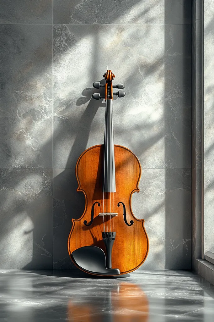 A polished, amber-colored violin stands against a gray stone wall, bathed in dappled sunlight.  The instrument's rich wood contrasts beautifully with the cool tones of the background.  The scene is minimalist, focusing attention on the violin's elegant form and the interplay of light and shadow.  The reflective floor adds depth to the composition.