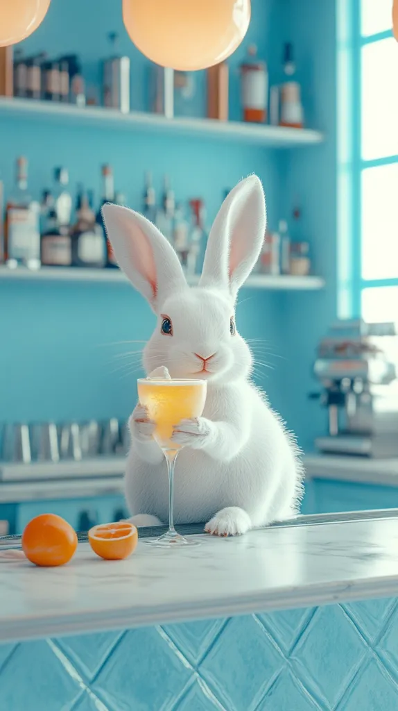 A fluffy white rabbit sits at a bar, delicately holding a stemmed glass of a yellowish cocktail.  Two orange slices rest on the counter beside it. The bar has a light blue color scheme and shelves stocked with bottles.  The overall scene is whimsical and charming.