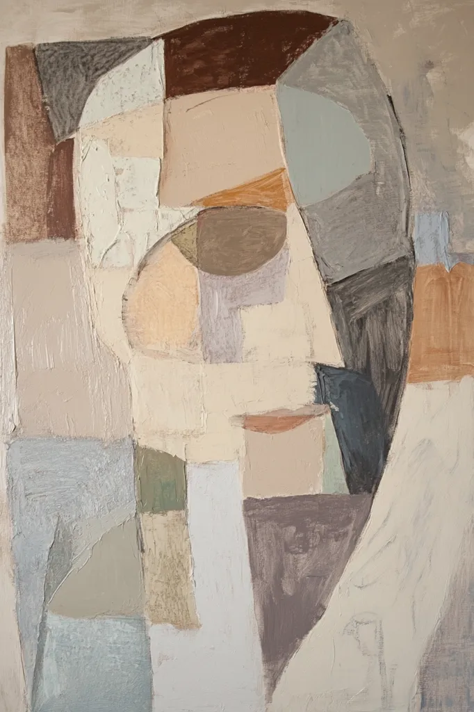 An abstract portrait in muted earth tones is depicted.  The face is fragmented into geometric shapes and rendered in a palette of creams, browns, and greys.  Visible brushstrokes add texture, creating a sense of depth and layering within the composition. The style suggests a cubist influence, deconstructing and reassembling the human form into a multifaceted representation.