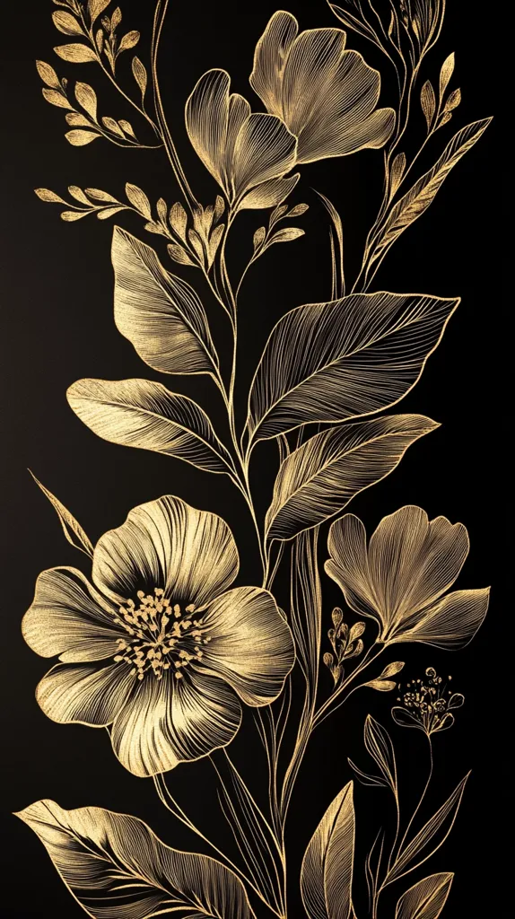 A striking image showcases a gold-leaf floral design on a black background.  Intricate linework details the delicate petals and leaves of various flowers, creating a luxurious and elegant effect.  The composition features a vertical arrangement of blossoms and foliage, suggesting a continuous pattern. The contrast between the gold and black is visually captivating, producing a sophisticated and modern aesthetic.