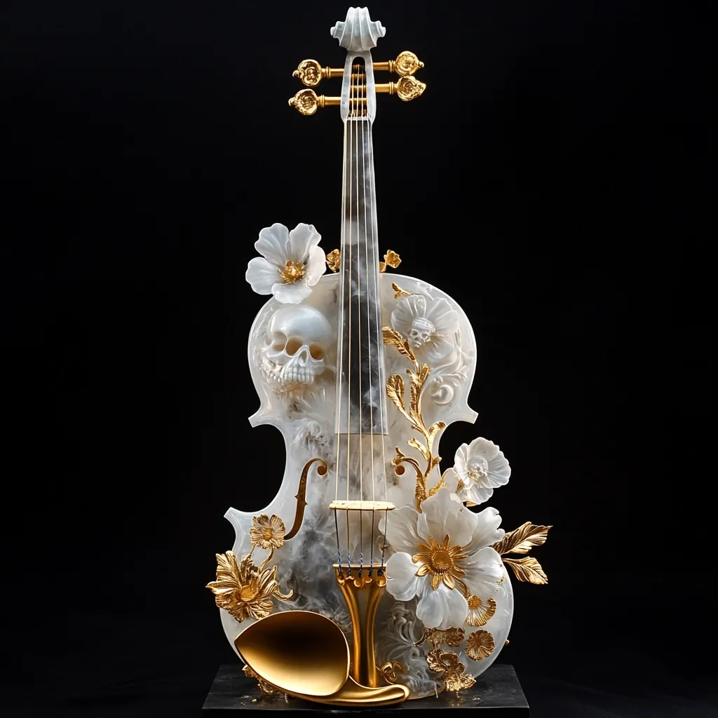 A meticulously crafted violin sculpture stands majestically against a stark black backdrop.  The instrument, seemingly carved from white onyx or a similar material, is adorned with intricately detailed golden floral accents and features a skull subtly incorporated into the design.  The contrast between the delicate flowers and the skull creates a visually striking memento mori.  The gold details add a touch of opulent elegance to the piece.