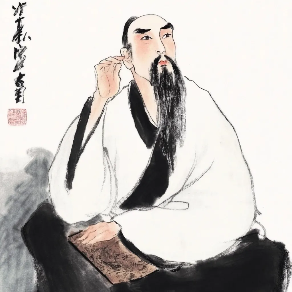 A stylized ink and wash painting depicts a seated, bald man with a long, dark beard. He wears a loose, white robe over dark clothing and holds a book or scroll.  His hand is gently placed near his ear, suggesting contemplation or introspection. The painting's style is expressive and loose, with fluid brushstrokes emphasizing movement and emotion.  Chinese calligraphy is visible in the upper left corner.