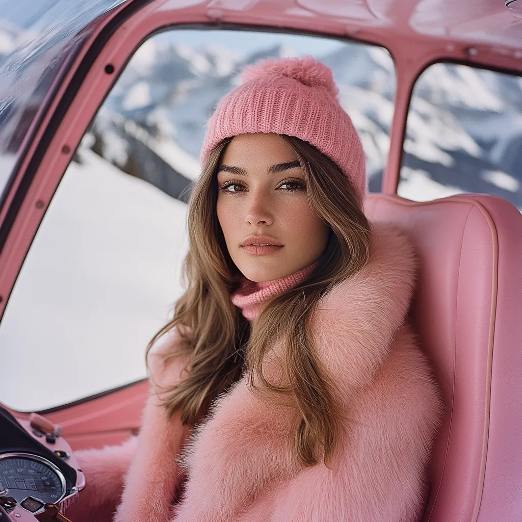 A young woman with long brown hair sits in a pink vehicle, wearing a matching pink fluffy coat, knit hat, and turtleneck.  The snowy mountain landscape is visible through the car's window. Her makeup is subtly done, enhancing her natural beauty.  The overall aesthetic is luxurious and chic.
