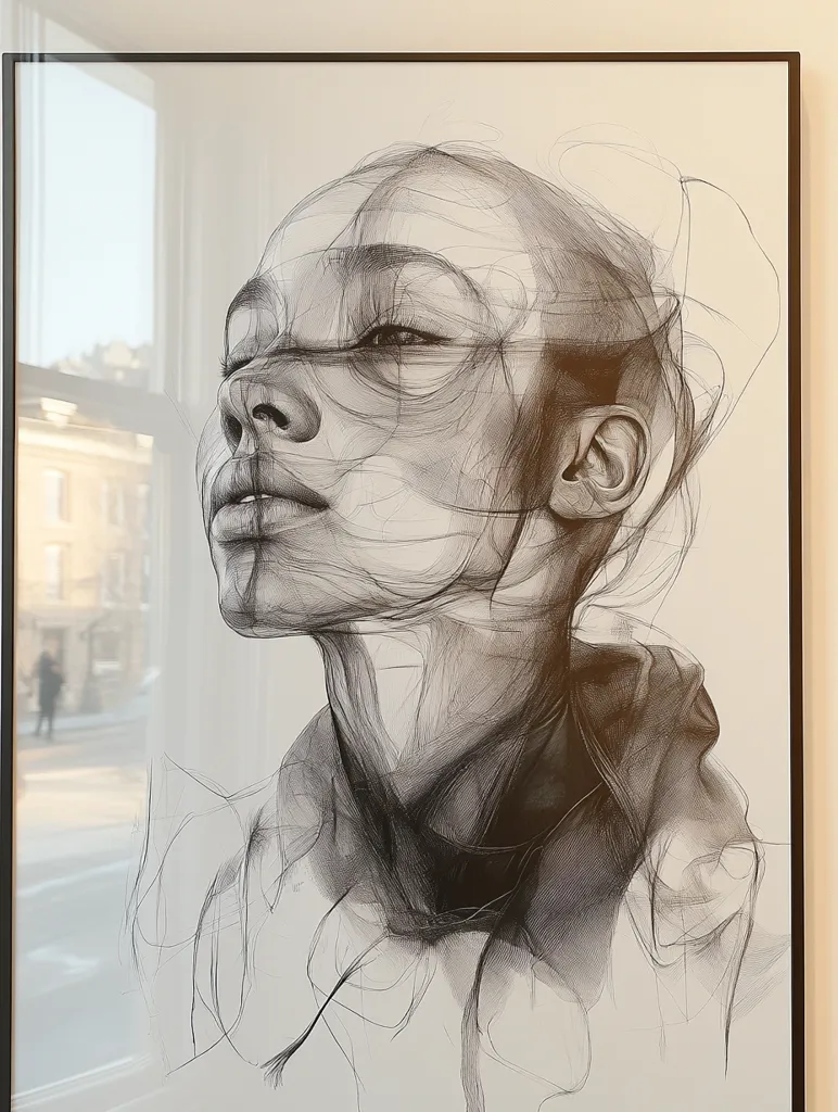 A framed grayscale drawing depicts a woman's face and shoulders.  Her head is tilted upward, eyes gently closed, and expression serene.  The artist uses delicate, layered lines to create a sense of movement and ethereal quality, with hair blending into the background.  The style is contemporary and abstract, focusing on form and texture rather than precise detail. The artwork is displayed against a window, with a blurred city street visible in the reflection.