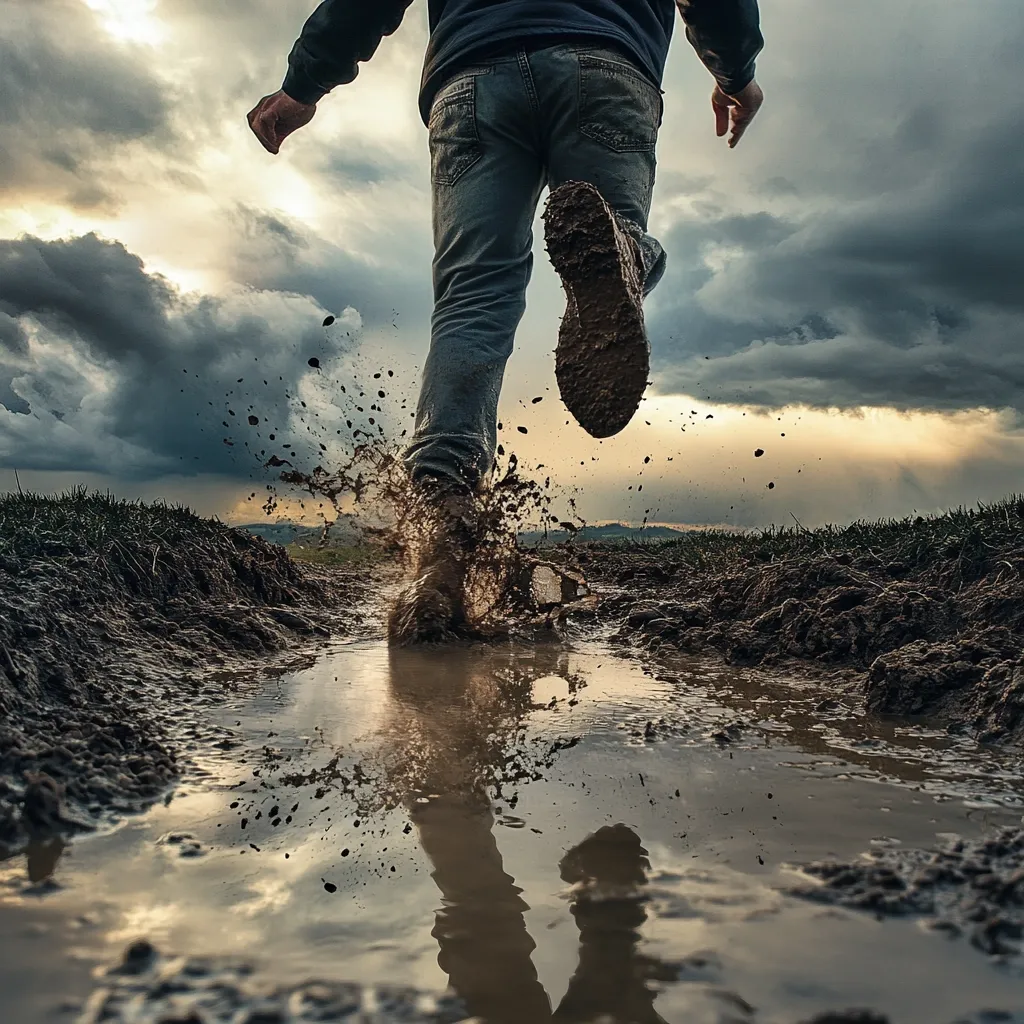 A person runs through a muddy puddle, splashing water and mud.  Their legs and boots are heavily coated in mud, creating a dramatic contrast against the stormy sky.  The low angle shot emphasizes the energy of movement and the textured landscape.  The setting sun casts a warm glow on the otherwise dark and ominous clouds.