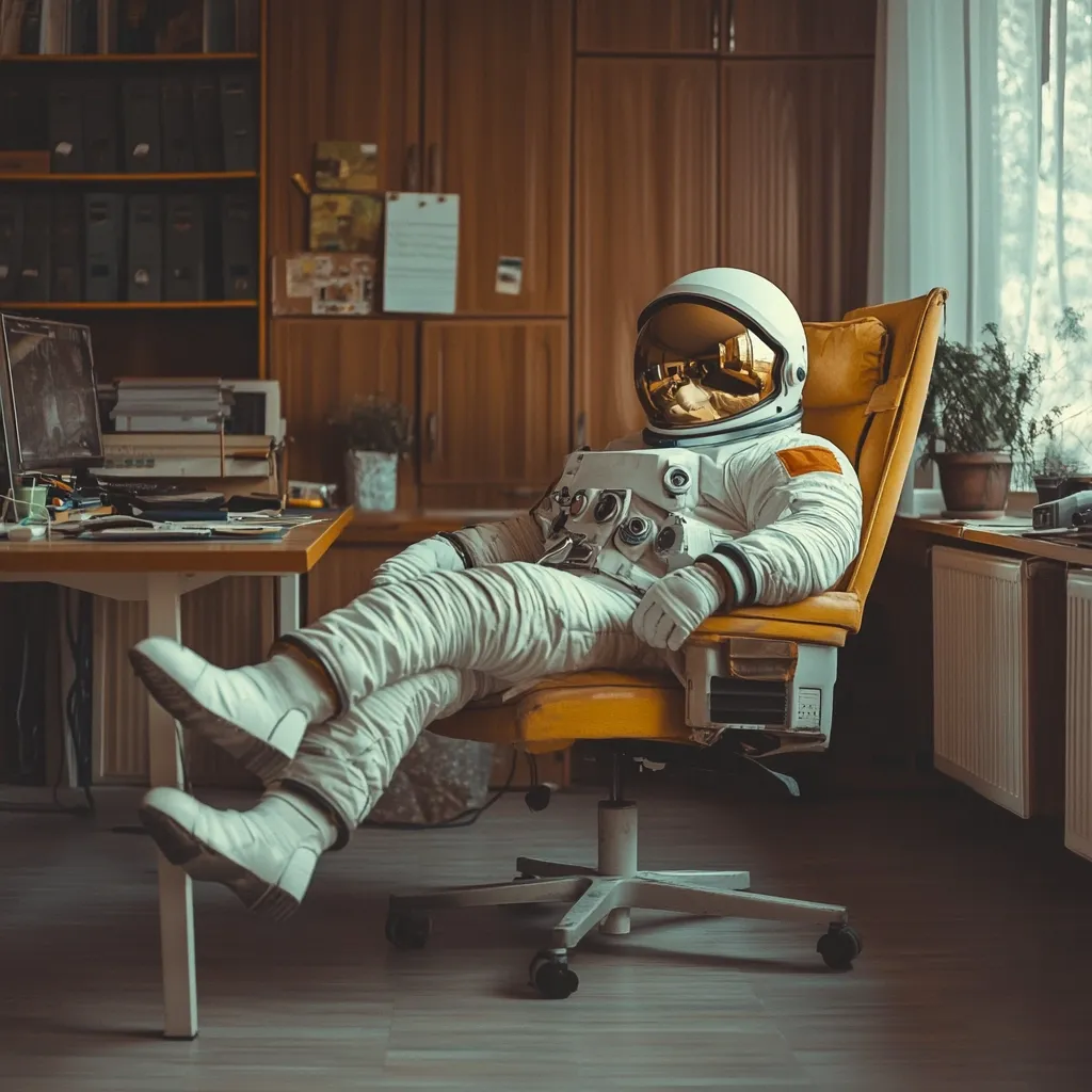 An astronaut, fully suited, relaxes in a mustard-yellow office chair with feet propped up on the floor. The chair is in a home office setting, with a wooden desk and file cabinets in the background. The astronaut's helmet reflects the room's warm lighting.  The overall mood is one of surreal calm and quiet contemplation.