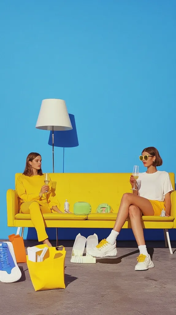 Two women in yellow outfits relax on a bright yellow sofa against a vibrant blue wall.  They each hold a glass of wine.  White sneakers and yellow shopping bags are scattered around.  A floor lamp with a white shade stands nearby. The overall aesthetic is bold, minimalist, and saturated with color.
