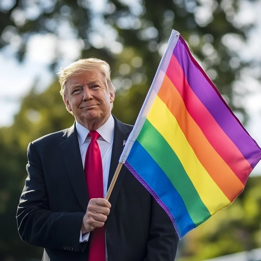 Donald Trump, former US president, stands outdoors holding a rainbow Pride flag. He's dressed in a dark suit and red tie, a slight smile on his face. The blurred background suggests a park or garden setting.  The image juxtaposes Trump's traditionally conservative image with the symbol of LGBTQ+ pride.