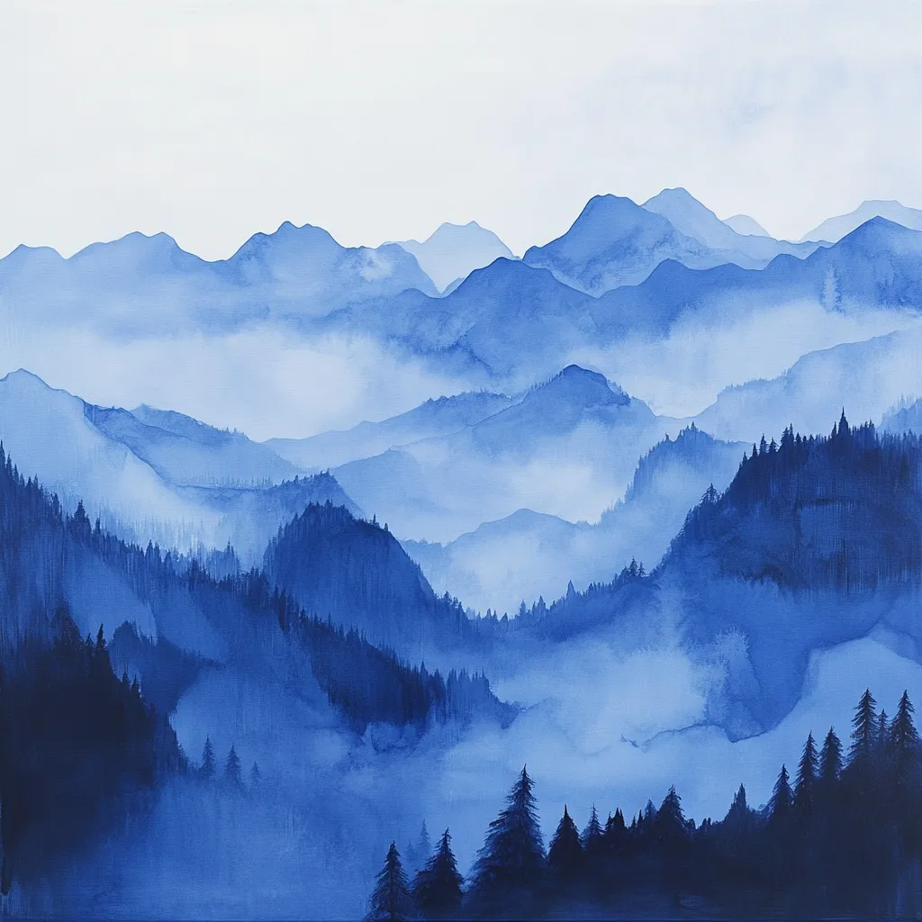 A serene watercolor painting depicts a misty, mountainous landscape rendered in varying shades of blue.  Layers of mountains recede into a hazy distance, their peaks softly defined by the atmospheric perspective.  Darker blue clusters of coniferous trees cling to the lower slopes, adding depth and texture to the tranquil scene. The overall effect is one of calm and ethereal beauty.