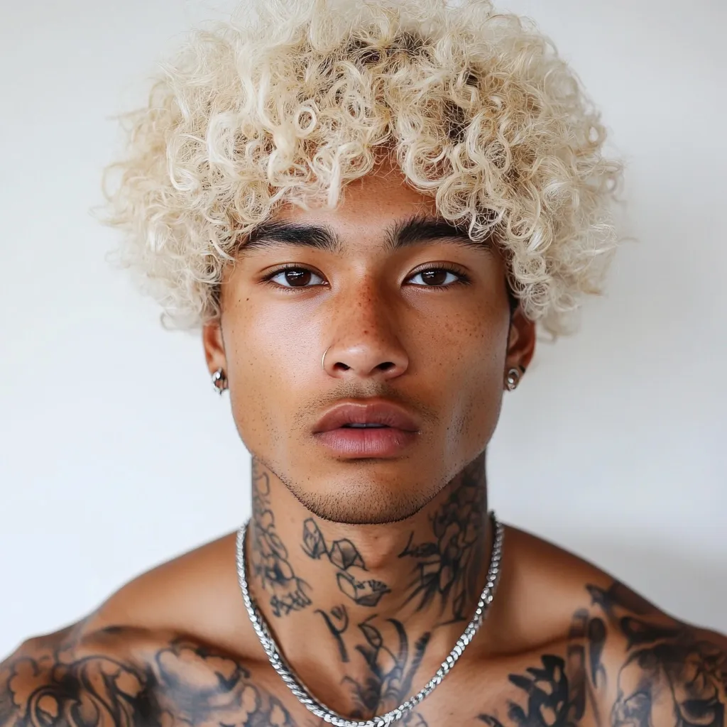 A young man with bleached blonde curly hair poses for a close-up portrait.  He has a serious expression, a nose ring, small earrings, and numerous tattoos covering his chest and neck.  He wears a silver chain necklace. His skin is light brown with freckles. The background is a plain white wall.