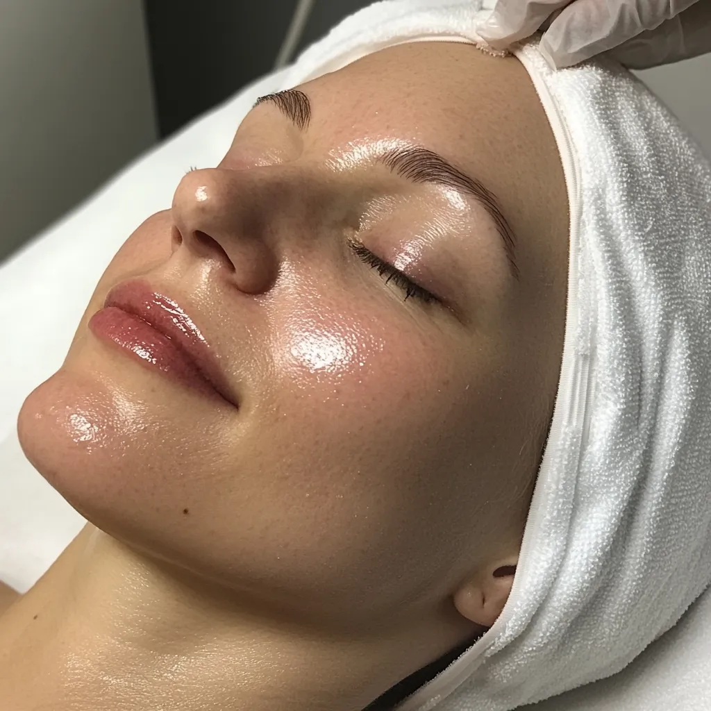 Close-up of a woman's face during a facial treatment.  Her skin is glistening with a clear, oily serum or moisturizer.  Eyes are closed, and a white towel covers her forehead and hair.  The image emphasizes the dewy, healthy appearance of her skin post-treatment.  The overall impression is one of relaxation and skincare rejuvenation.