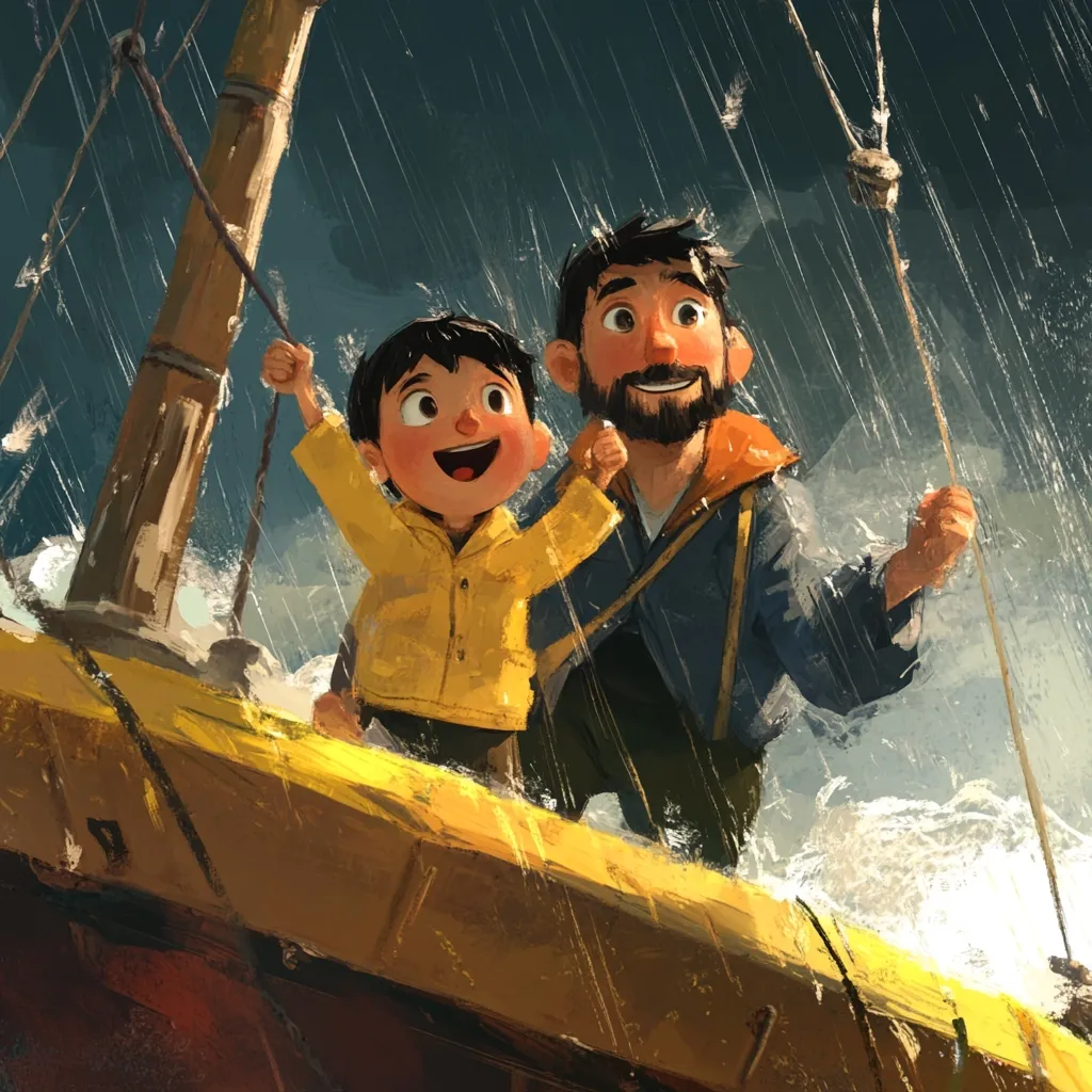 A joyful father and son stand on the bow of a small boat, arms raised in delight as rain pours down.  The boy wears a bright yellow raincoat, his face beaming with happiness.  The father, with a beard and blue jacket, shares his son's excitement. The scene is painted in a vibrant, expressive style, evoking a sense of adventure and shared joy amidst a stormy sea.