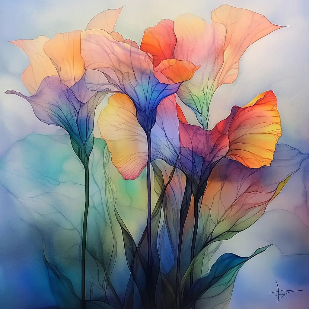 A vibrant watercolor painting depicts a cluster of stylized flowers. Their translucent petals are rendered in a spectrum of pastel colors, including oranges, pinks, purples, and blues, creating a dreamy, ethereal effect.  The delicate veins within the petals are visible, adding to the sense of fragility.  The background is a soft, hazy blue-green wash, enhancing the flowers' luminosity. The overall impression is one of serene beauty and gentle movement.