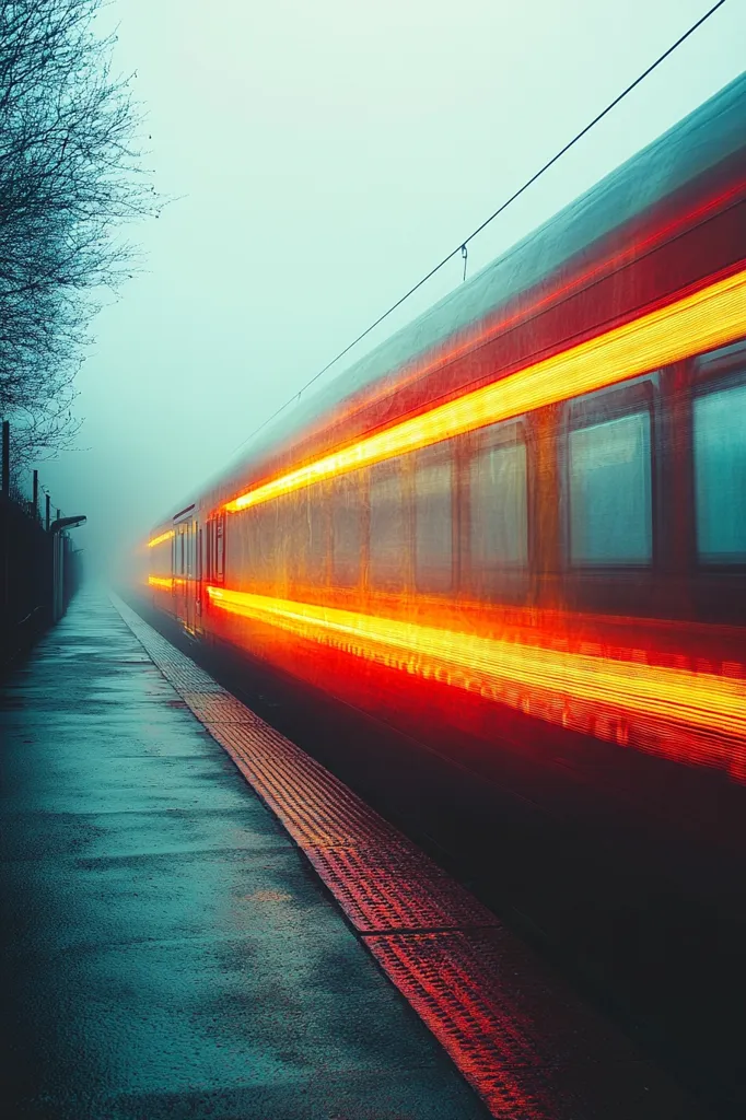 A long, red train speeds through a foggy landscape, its lights blurring into streaks of vibrant orange and red.  Rain slicks the platform and the tracks, reflecting the train's glow.  A bare, dark tree stands silhouetted against the pale sky, emphasizing the solitude of the scene. The overall mood is atmospheric and somewhat melancholic.