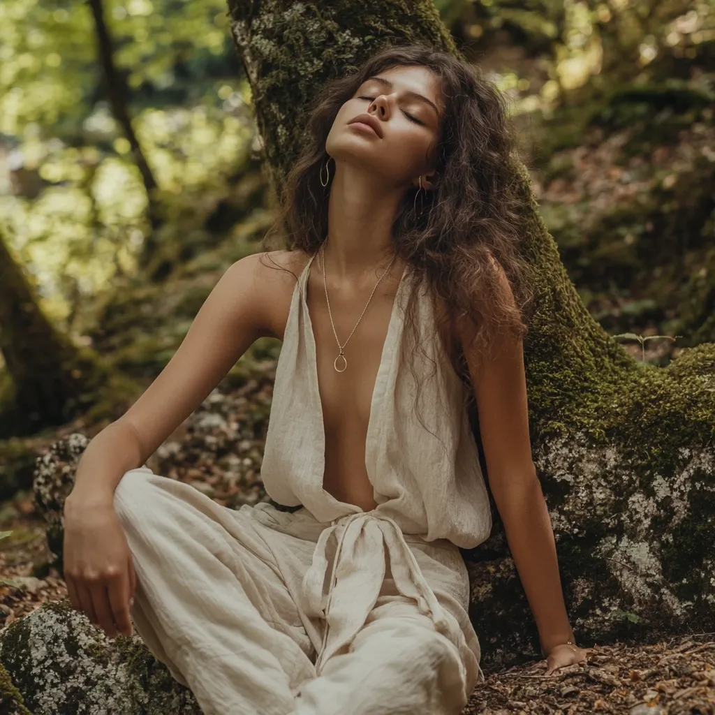 A young woman with long, brown curly hair sits peacefully against a moss-covered tree in a forest.  She wears a light beige linen jumpsuit and delicate gold jewelry.  Her eyes are closed, suggesting serenity and connection with nature. The overall mood is calm and ethereal, emphasizing a feeling of natural beauty.