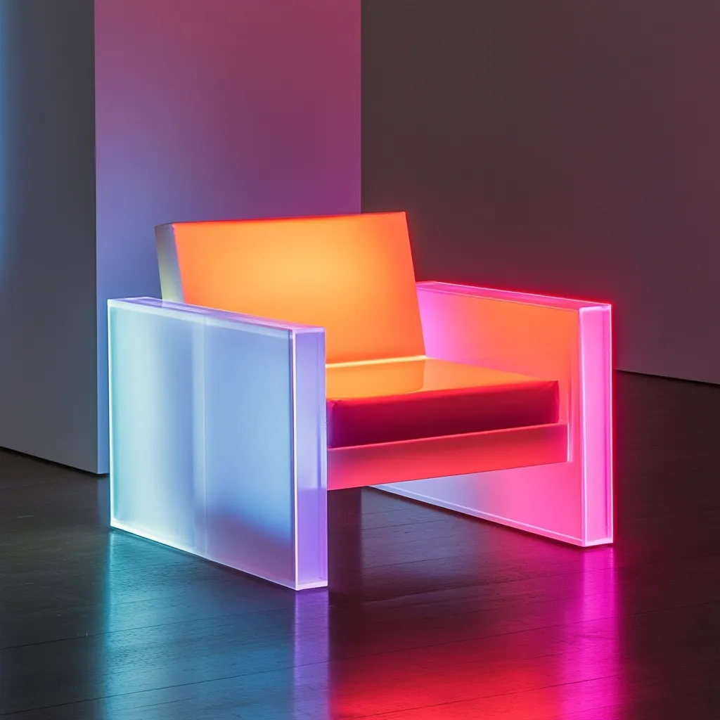 A modern armchair, crafted from translucent acrylic, glows with vibrant hues of orange, pink, and blue.  The internal lighting creates a striking contrast and illuminates the chair's minimalist design.  The piece sits on a dark polished floor, reflecting the intense colors.  Its sleek lines and bold illumination make it a statement piece of contemporary furniture.