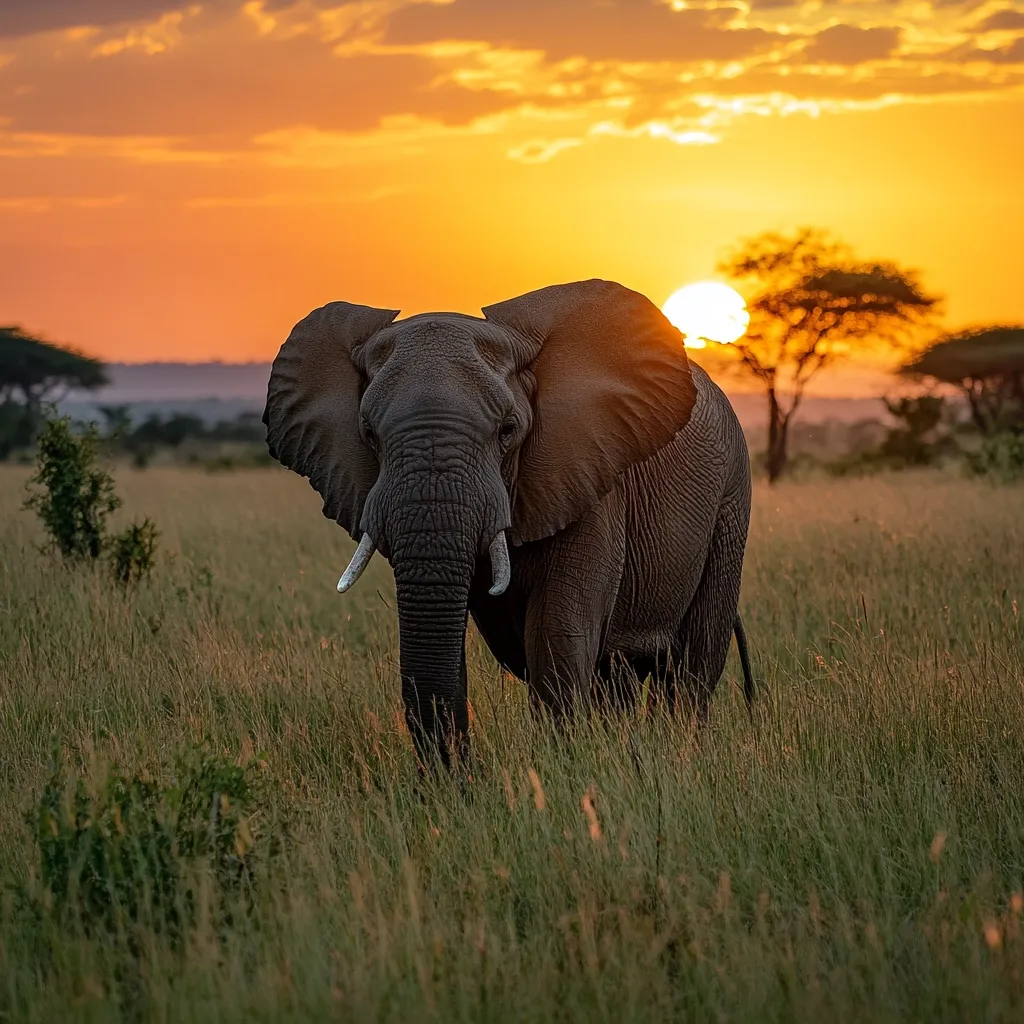 A majestic African elephant stands in tall grass, silhouetted against a vibrant sunset. The warm, golden light illuminates the elephant's large ears and tusks, creating a dramatic scene.  The setting sun casts a fiery glow across the savanna, with acacia trees in the background. The image evokes a sense of wild beauty and the serenity of the African wilderness.