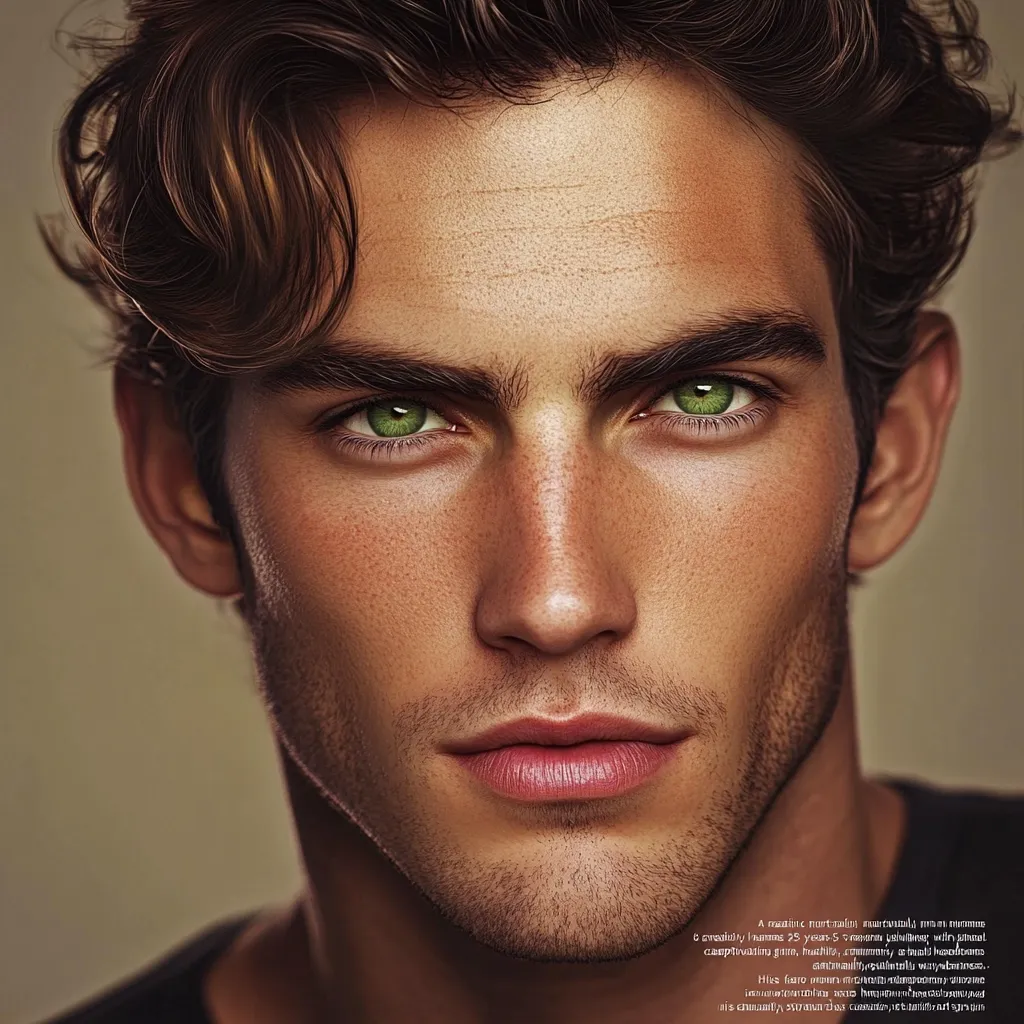 Close-up portrait of a young man with dark brown, wavy hair and striking green eyes.  He has a strong jawline, well-defined features, and a serious, yet alluring expression. The lighting is soft and warm, enhancing his tanned complexion.  The image is highly stylized, appearing digitally enhanced or airbrushed for a polished look.