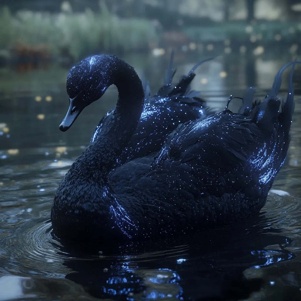 A black swan, seemingly adorned with bioluminescent particles, gracefully glides across a dark, still pond.  The water reflects the swan's ethereal glow and the muted colors of the surrounding misty landscape.  The scene evokes a sense of mystery and magical realism, with the swan appearing almost otherworldly.