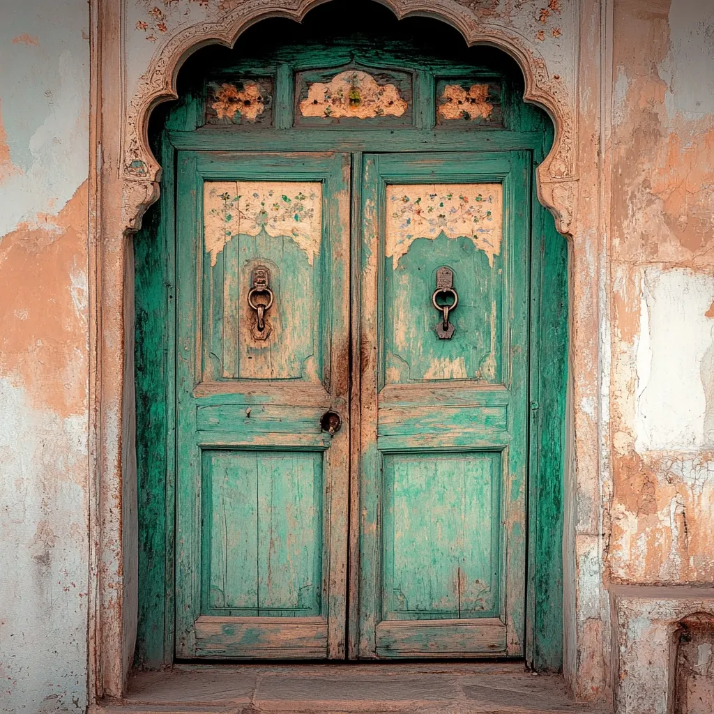 A weathered teal wooden door, adorned with ornate carvings and faded floral designs, is nestled within a crumbling arched doorway.  Large, dark metal ring knockers flank the door, adding to its aged charm.  The surrounding plaster walls show signs of age and wear, enhancing the overall sense of history and antiquity. The image evokes a feeling of forgotten grandeur.
