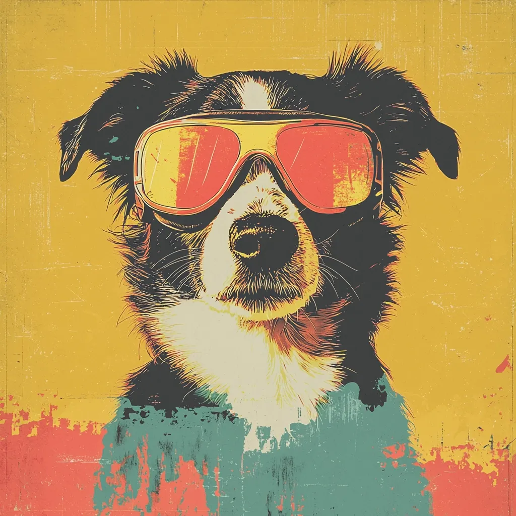 A stylized portrait of a border collie dog wearing large, red-tinted goggles. The artwork is in a retro, pop art style, with a textured, vintage-inspired background in shades of yellow, orange, and teal. The dog's expression is serious and cool, enhanced by the bold colors and graphic lines. The overall aesthetic is playful and vibrant, suggesting a sense of fun and adventure.