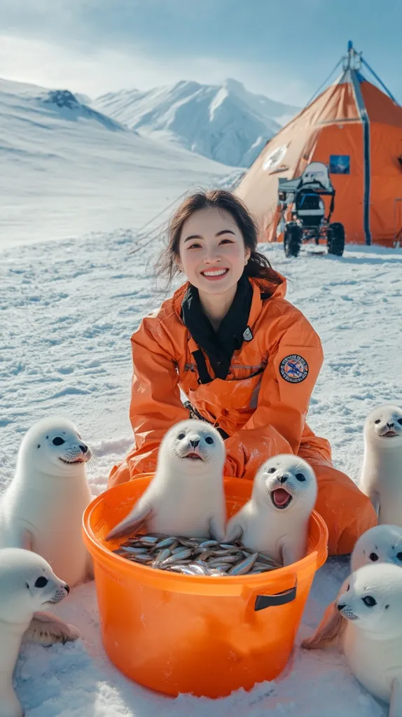 A smiling woman in an orange jumpsuit sits in the snow surrounded by adorable white seal pups.  A bucket filled with fish sits between them.  A bright orange tent and a small vehicle are visible in the background, suggesting a research or expedition setting in a snowy, mountainous landscape.  The scene is heartwarming and depicts a peaceful interaction between humans and wildlife.