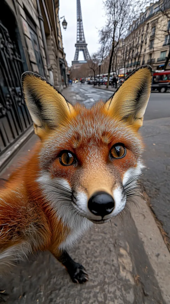 A red fox stares directly at the camera in a close-up selfie-style shot.  The Eiffel Tower is visible in the blurred background, along with a Parisian street scene. The fox's fur is rich in color, and its expression is curious and engaging, creating a whimsical contrast between the urban setting and the wild animal.