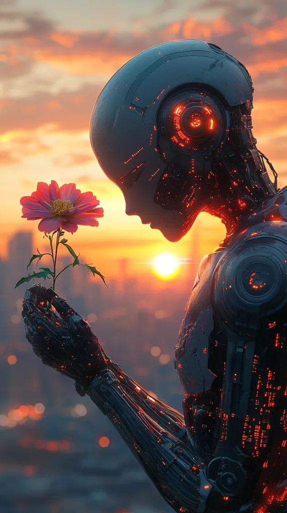 A futuristic robot, intricately detailed with glowing red circuitry, gently holds a pink flower.  The setting sun casts a warm orange glow over a blurred cityscape in the background. The scene evokes a sense of wonder and perhaps a surprising tenderness from the mechanical being.  The contrast between the advanced technology and the delicate flower is striking.