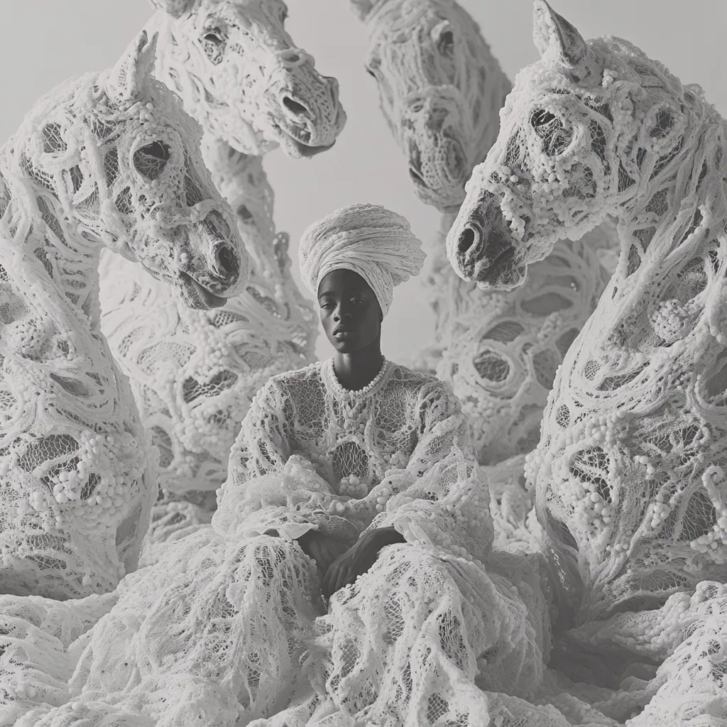 A young woman, adorned in a white headwrap and intricately textured lace dress, sits serenely amidst a cluster of sculpted horses. The horses, also covered in a similar lace-like material, appear to be monumental in scale, creating a striking contrast with the woman's smaller form. The monochromatic palette enhances the ethereal and almost surreal quality of the scene.  The overall image evokes a sense of quiet strength and regal composure.
